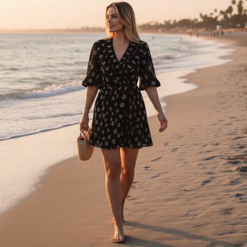 Beautiful BURU BLANCHEBlack Floral Print Pleated Mini Dress